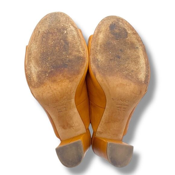 Vince Heath Leather Peep Toe High Block Heeled Mule Cognac Brown Women’s Size 8 - Picture 15 of 16